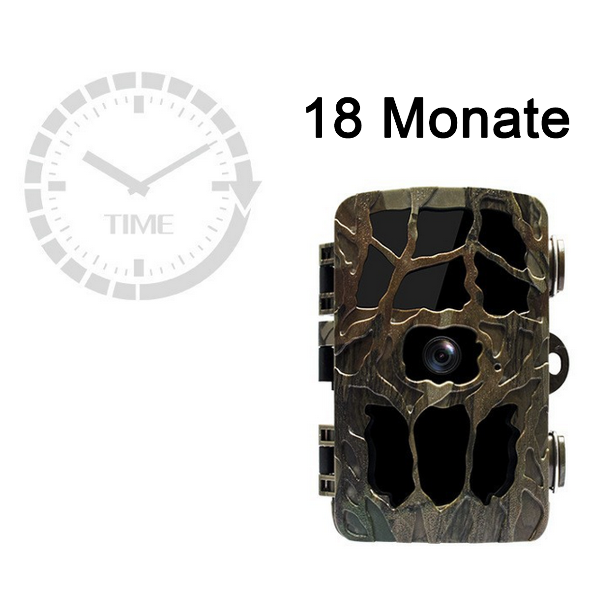 Eine Tarn-Wildkamera mit dem Text "18 Monate" und einem Uhrensymbol.