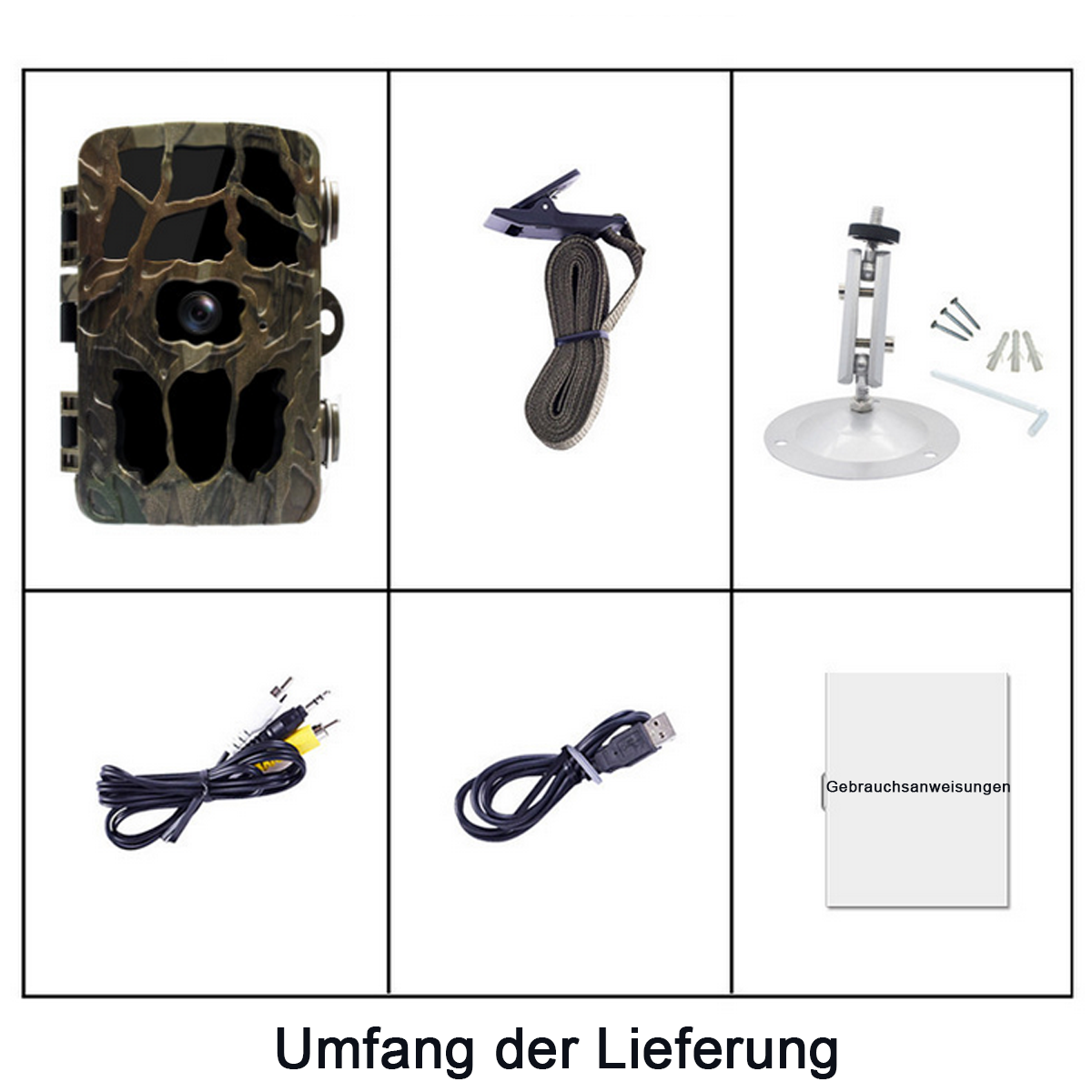 Eine Sammlung von Kamerazubehör. Enthält die Kamera, einen Gurt, eine Halterung, Schrauben und Kabel.