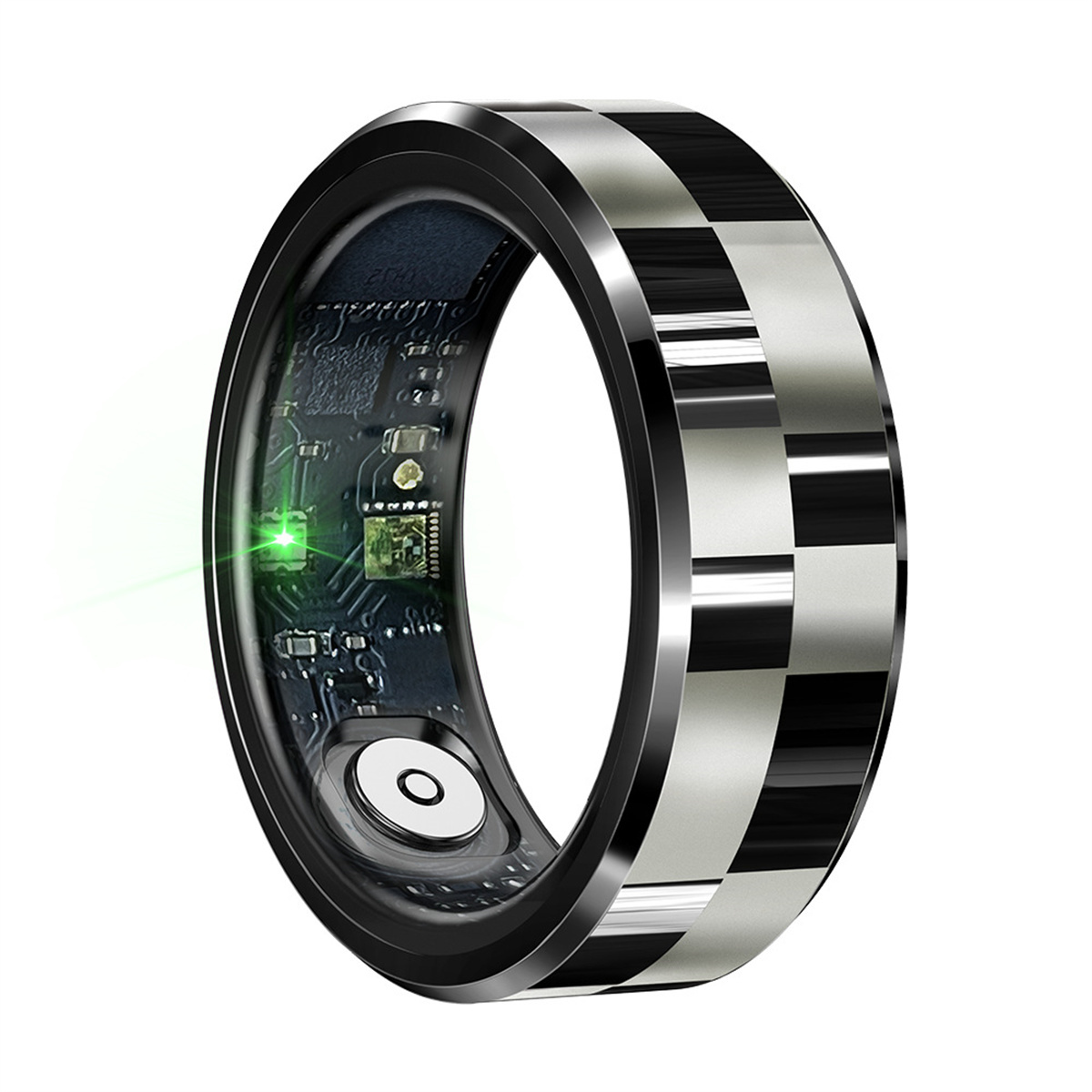 Silberner und schwarzer Smartring. Der Ring hat ein grünes Licht und ein detailliertes Innere.