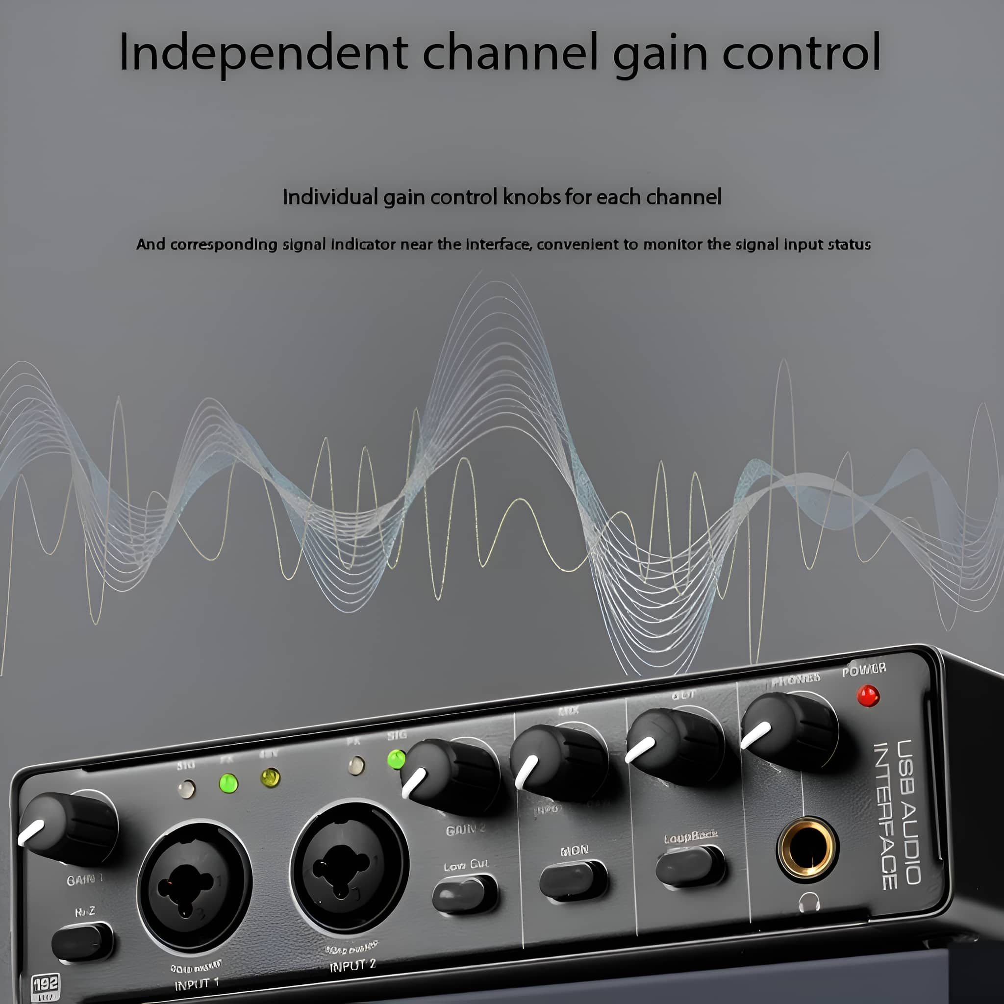 Audio-Interface mit Knöpfen, Tasten und Eingängen. Wellenlinien deuten auf Schallwellen hin.