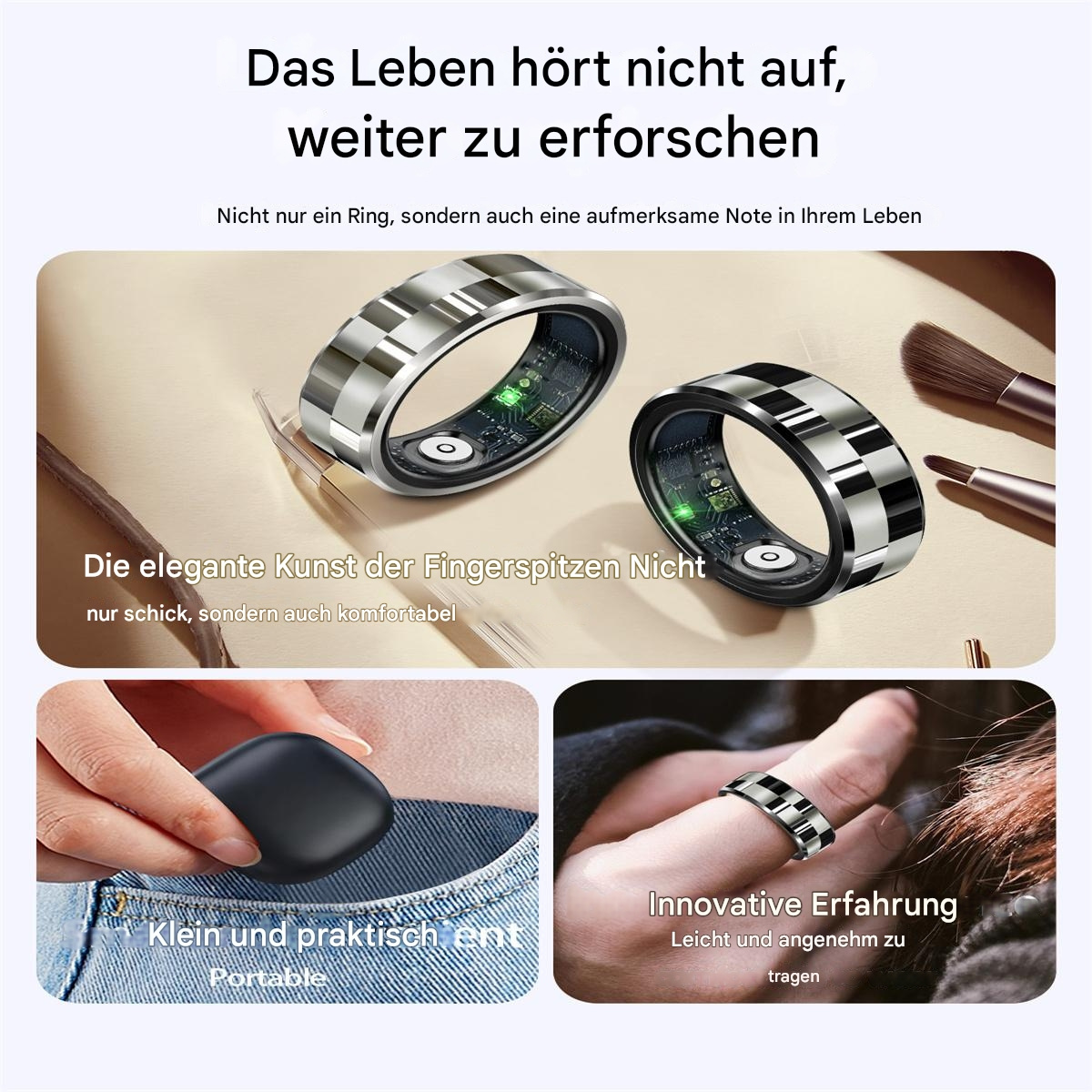 Zwei Ringe mit schwarzem Etui und Pinsel auf weißem Hintergrund. Text auf Deutsch.