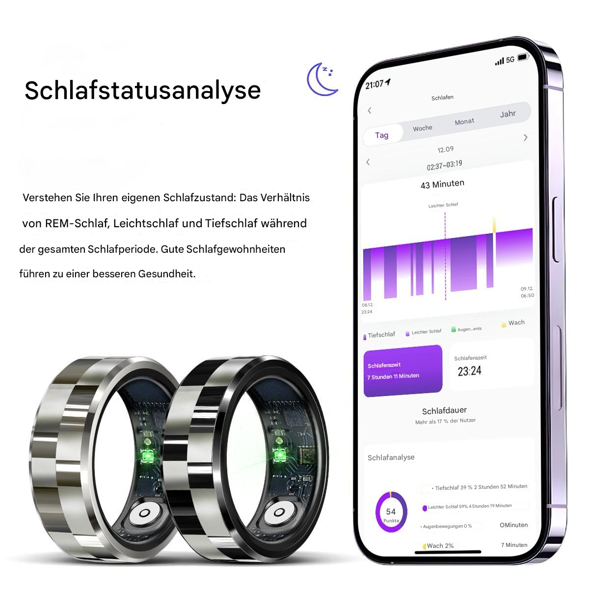 Smarte Ringe und ein Telefon, das Schlafanalyse-Daten anzeigt.