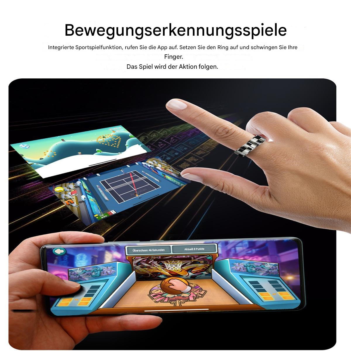Eine Person benutzt einen Ring, um ein Spiel auf einem Telefon zu spielen, mit Spielbildschirmen.