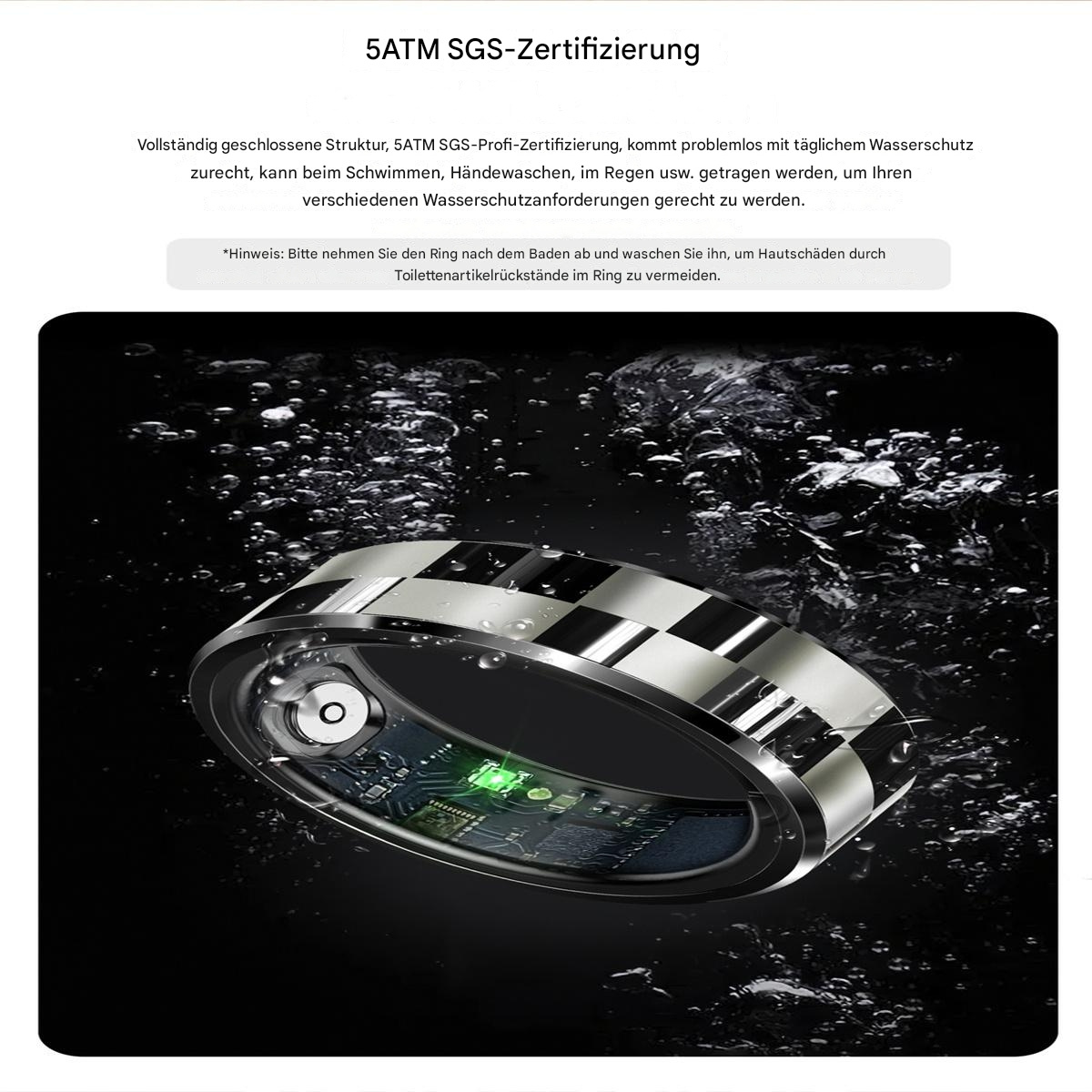 Ein Smart-Ring unter Wasser, mit sichtbaren internen Komponenten und Text über seine Funktionen.