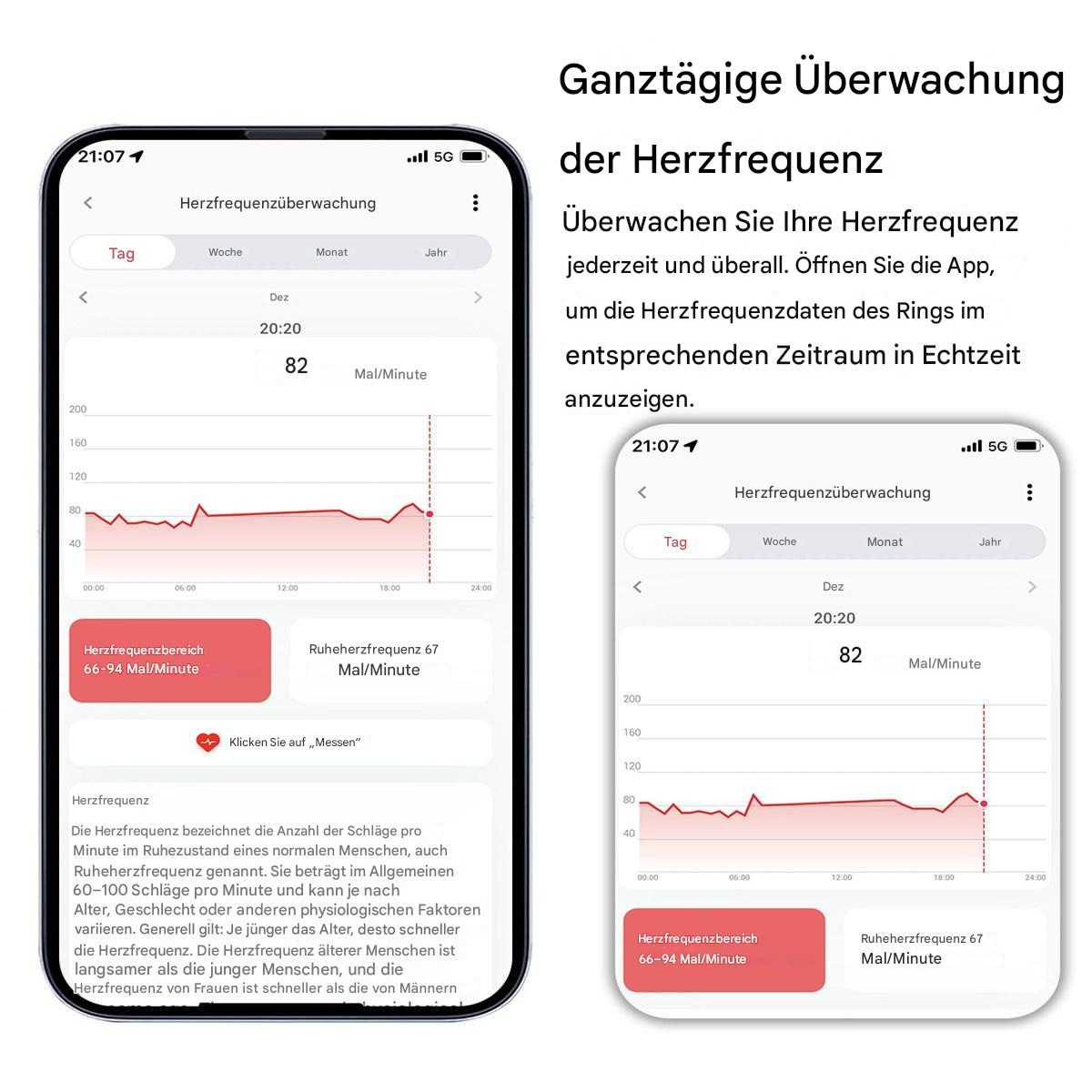 Zwei Telefonbildschirme mit Herzfrequenzdaten. Die Anzeige zeigt ein Diagramm und Text.