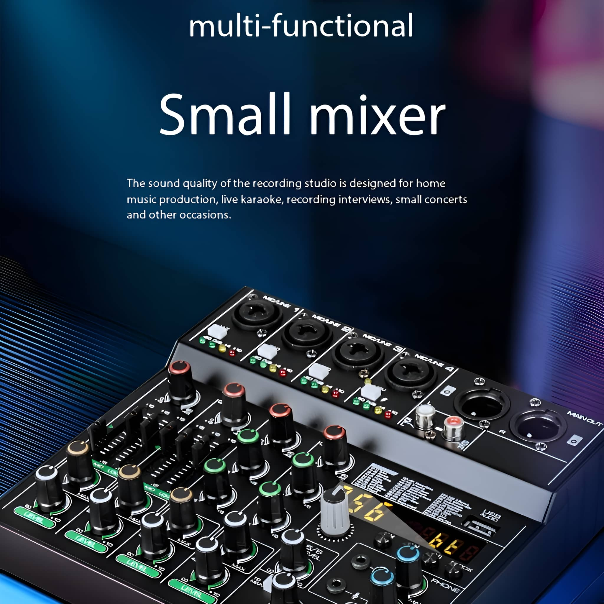 Ein kleiner Mixer mit Bedienelementen. Der Text gibt an, dass er für die Musikproduktion zu Hause, Live-Karaoke und kleine Konzerte gedacht ist.