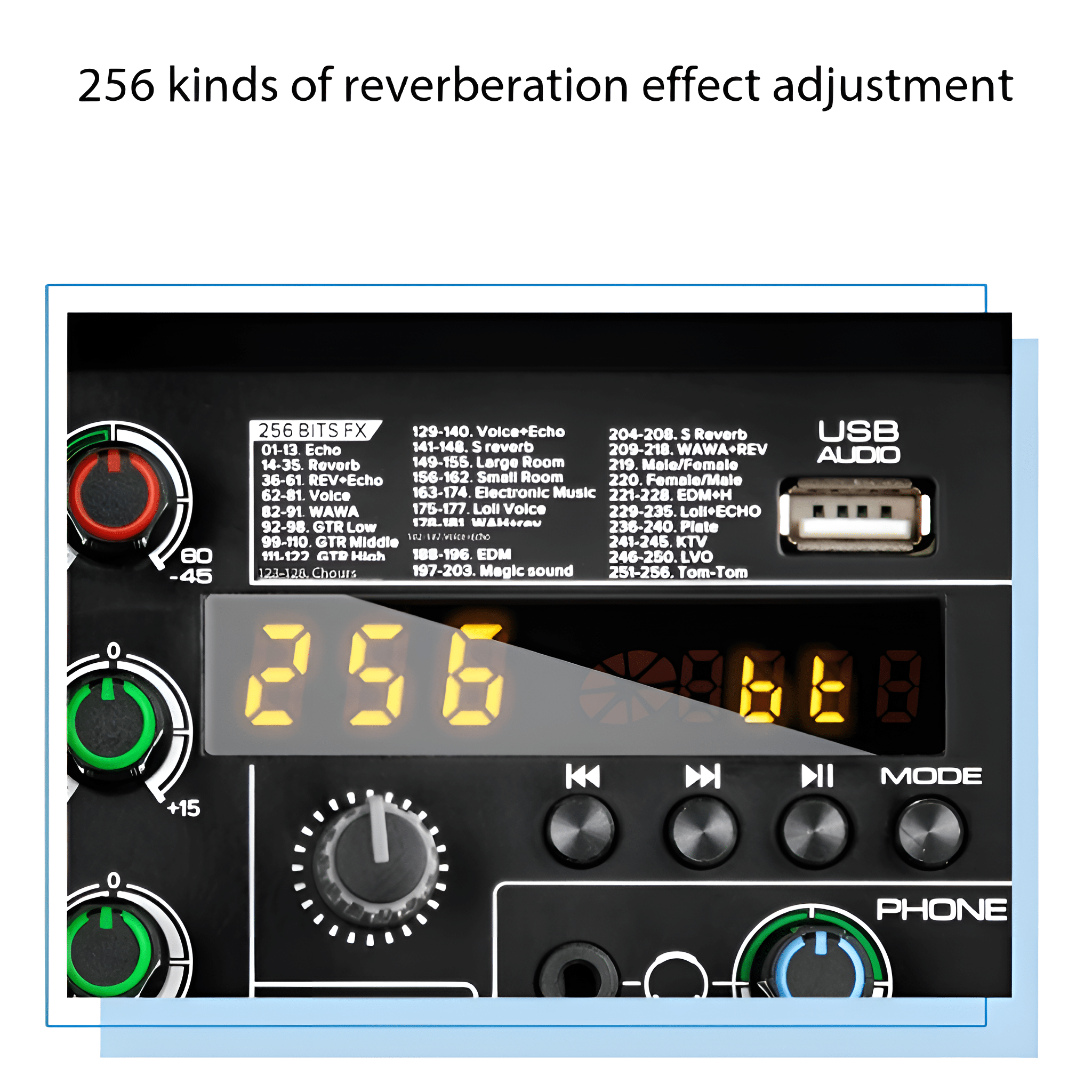 Audiogerät mit Display, das Zahlen, Tasten und einen USB-Anschluss anzeigt. Weißes und schwarzes Design.