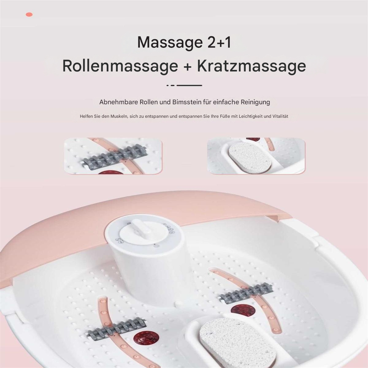 Ein Fußbad mit Rollen, einem Drehregler und einem Bimsstein. Das Bad ist rosa und weiß.