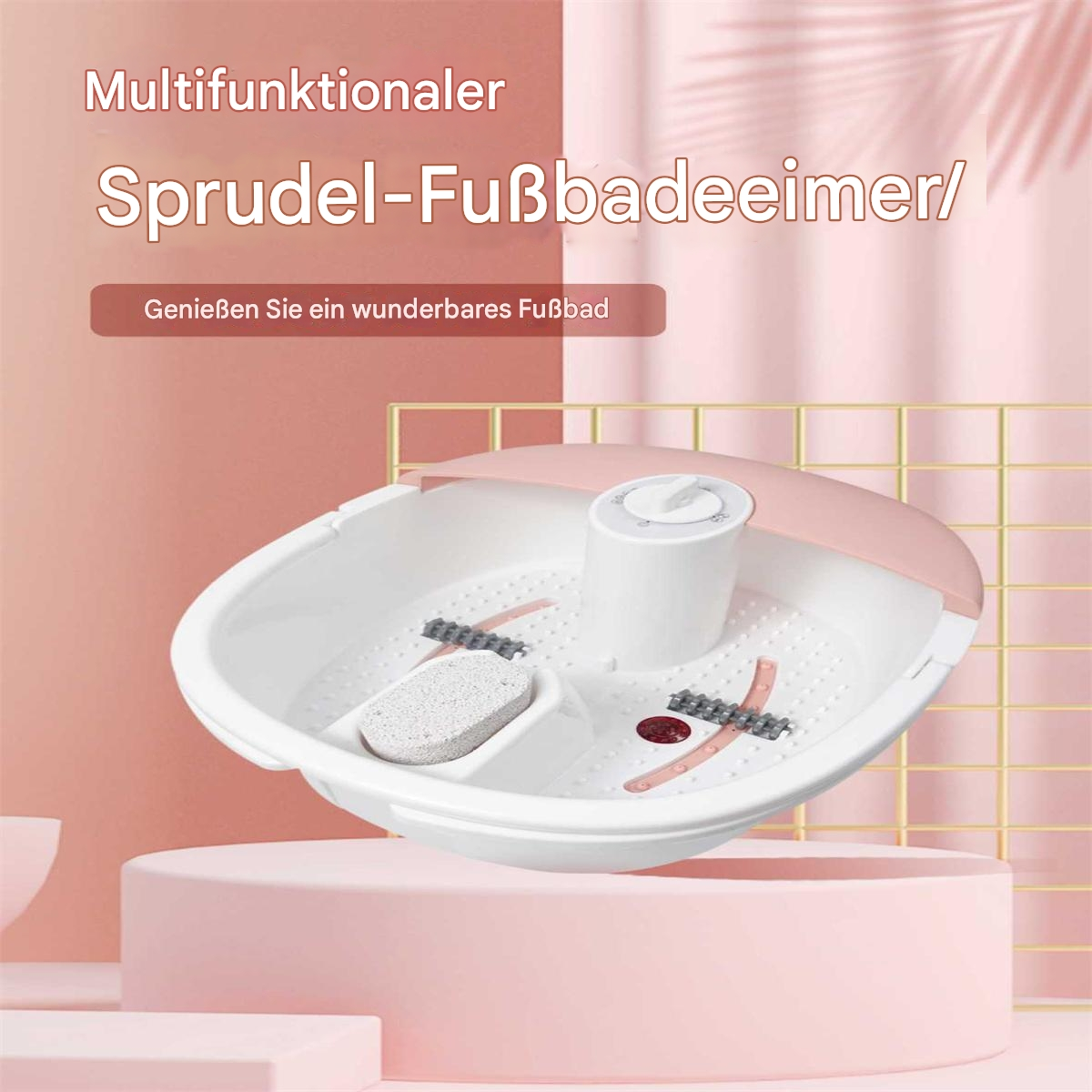 Ein Fußbad mit rosa und weißem Farbschema. Das Spa steht auf einem rosa Podest, Text oben links.
