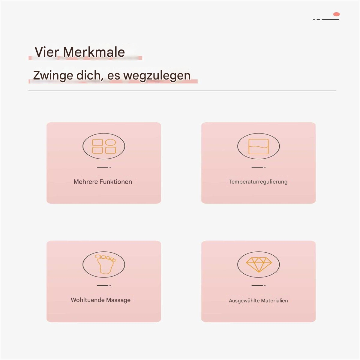 Vier Symbole auf rosa Hintergrund. Text auf Deutsch beschreibt Merkmale wie Massage und Temperatur.