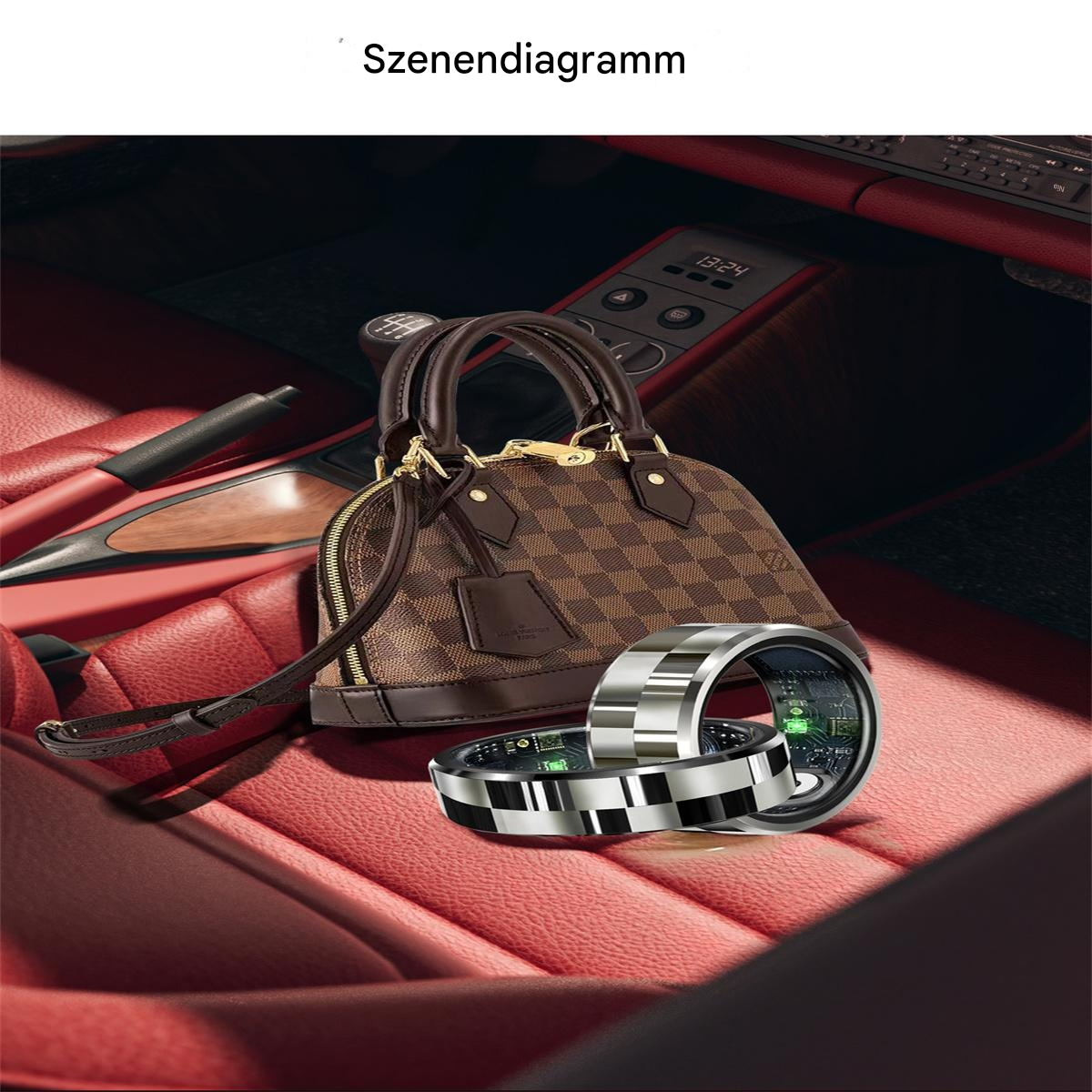 Szenendiagramm. Handtasche auf roten Sitzen, mit Silberring und Uhr. Im Hintergrund ein Auto-Innenraum.