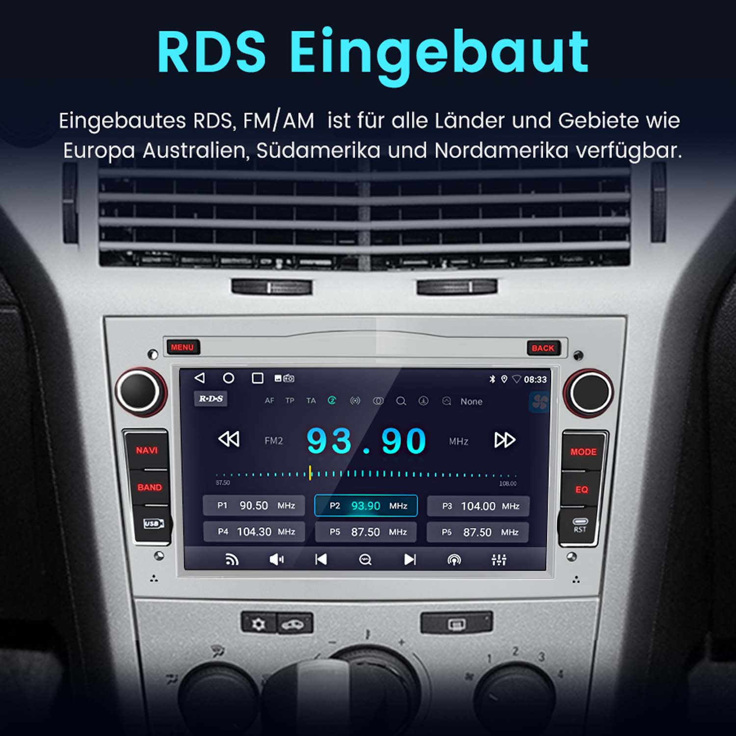 Ekran radia samochodowego wyświetlający informacje radiowe, tekst RDS Eingebaut u góry.