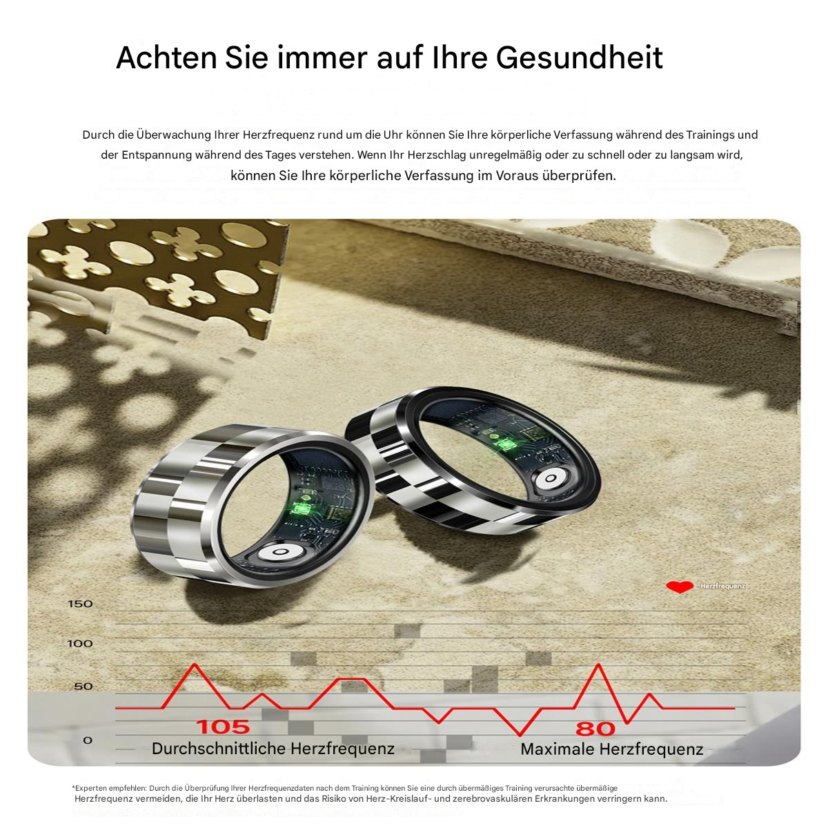 Zwei silberne Smart-Ringe mit einem Herzfrequenz-Diagramm auf einer Oberfläche.