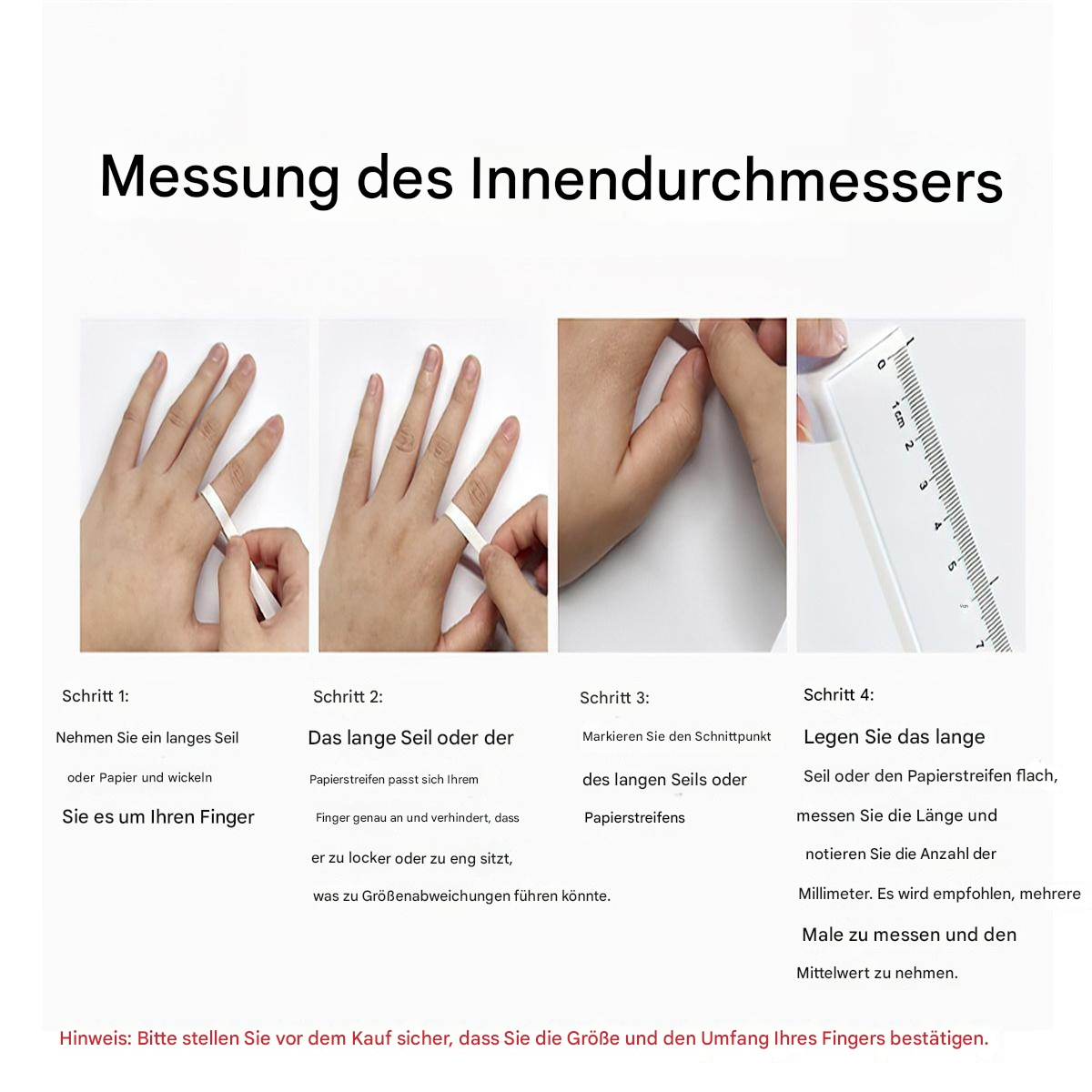 Anweisungen zum Messen der Fingergröße mit Papierstreifen und einem Lineal. Zeigt den Prozess Schritt für Schritt.