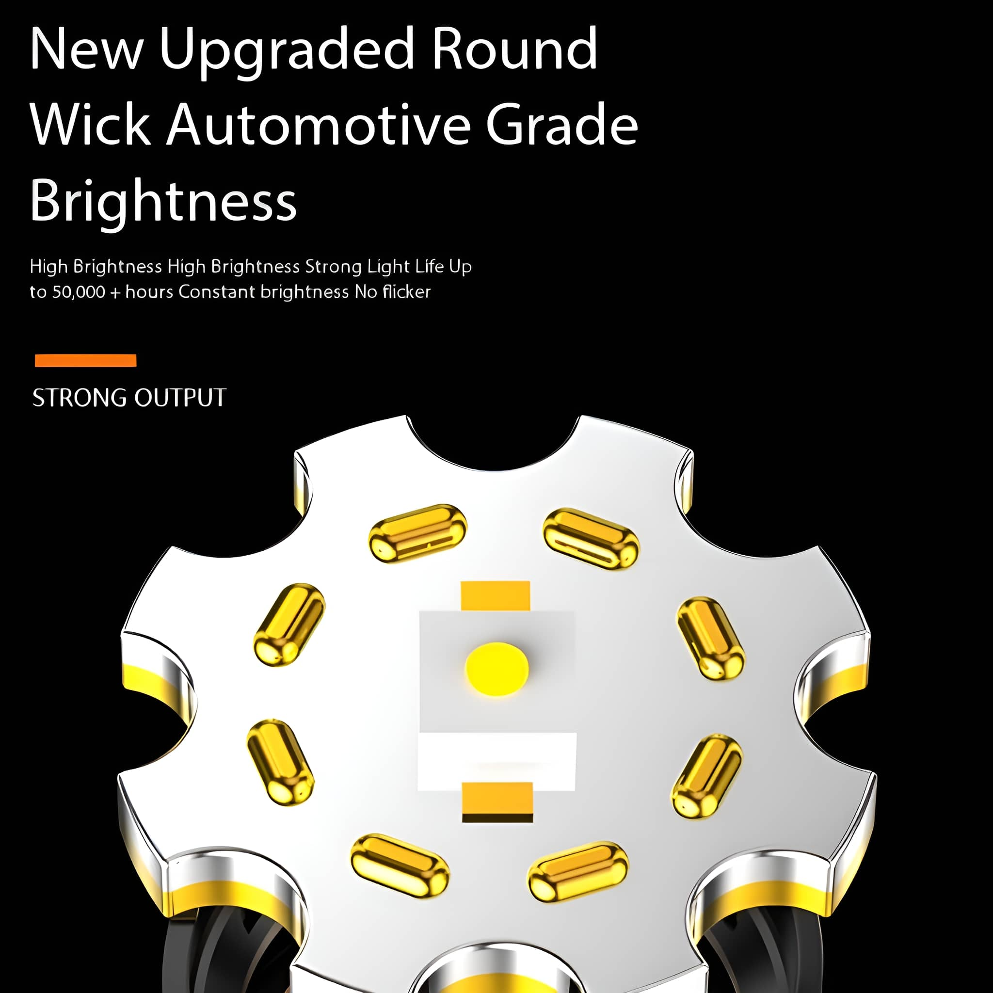 Automobil-LED mit rundem Design, mit goldenen Pins und einem gelben Zentrum.