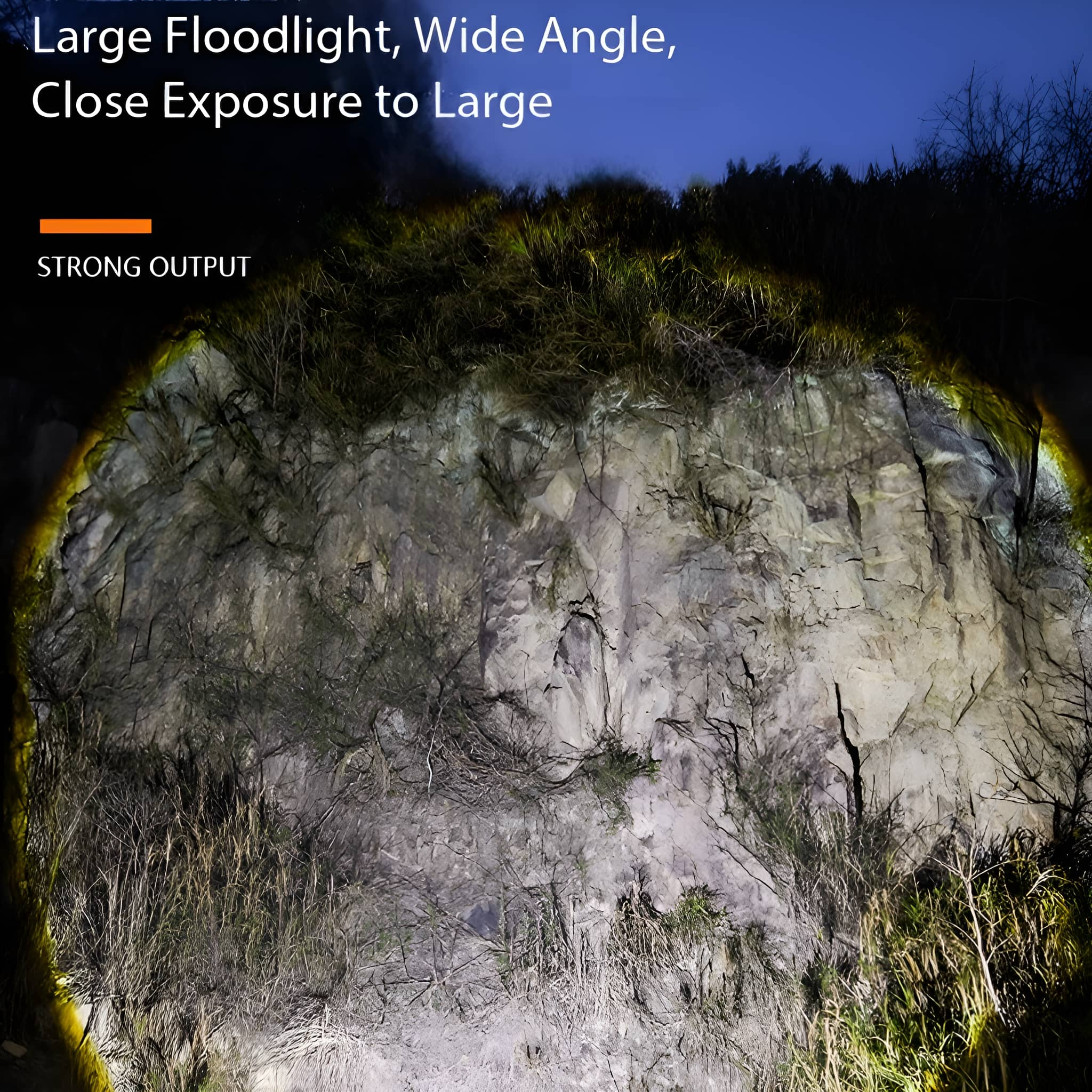 Eine felsige Klippe, die von einem starken Licht beleuchtet wird. Text: 'Großer Flutlichtstrahler, Weitwinkel, Nahaufnahme'.