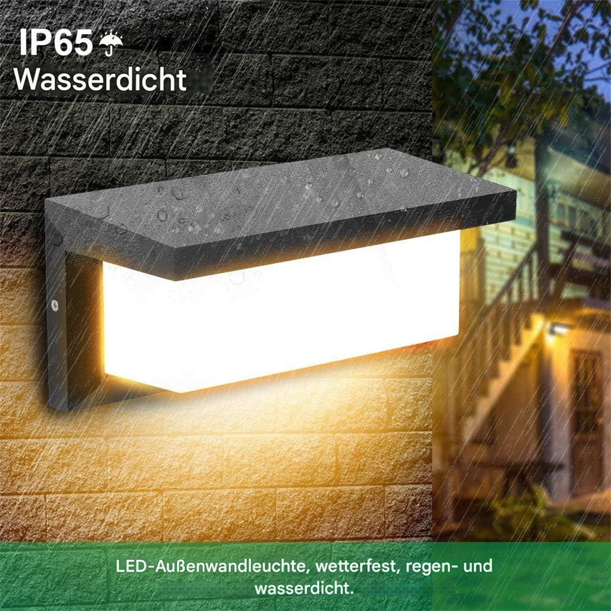 Eine rechteckige Außenlampe an einer Ziegelmauer, mit IP65 wasserdicht.