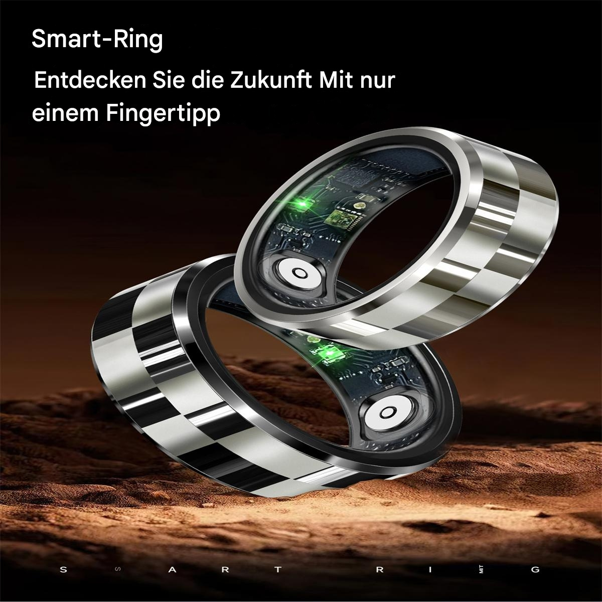 Zwei silberne Smart-Ringe mit schwarzem Hintergrund. Ringe haben detaillierte interne Komponenten.