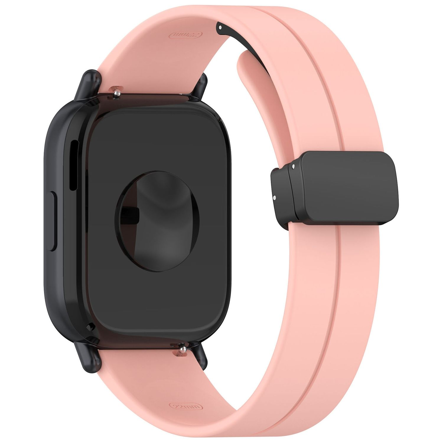 Eine Smartwatch mit rosa Armband und schwarzem Rahmen. Das Armband ist geschlossen.