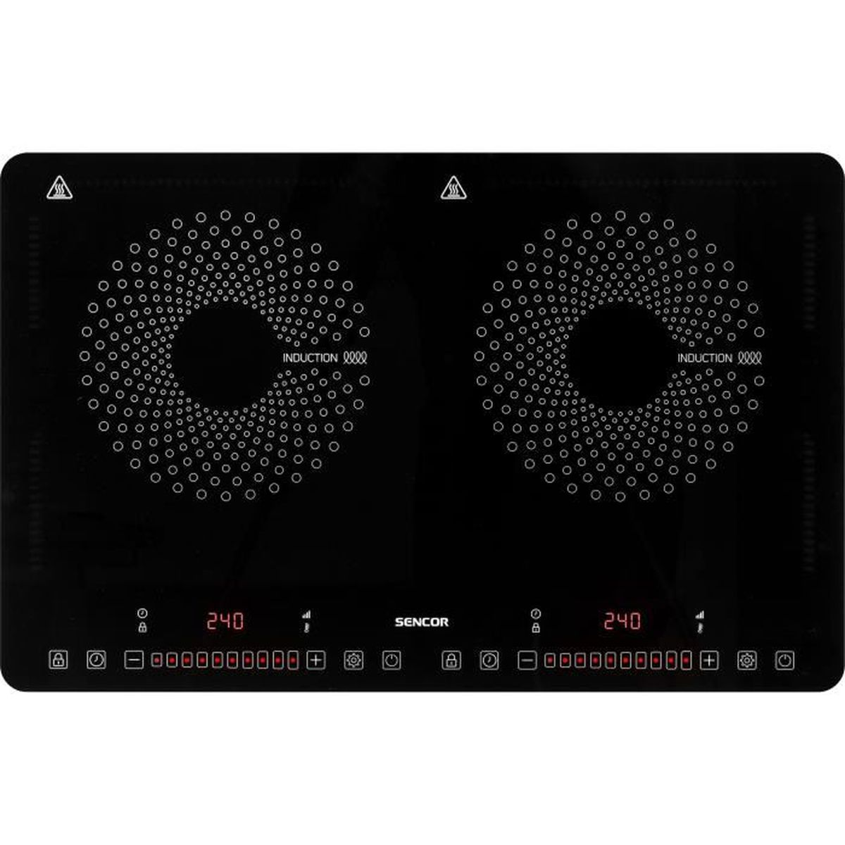Placa de inducción negra con dos quemadores circulares. Tiene controles táctiles.