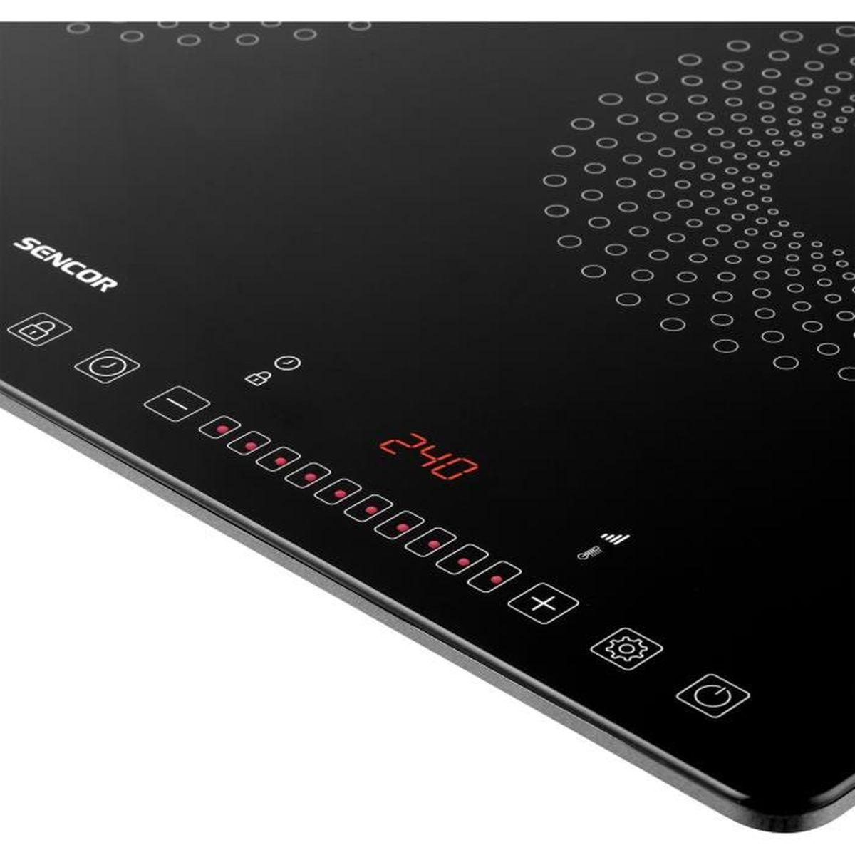 Placa de inducción negra con marcas circulares blancas para ollas. Pantalla roja muestra '240'. Logo SENCOR arriba a la izquierda.