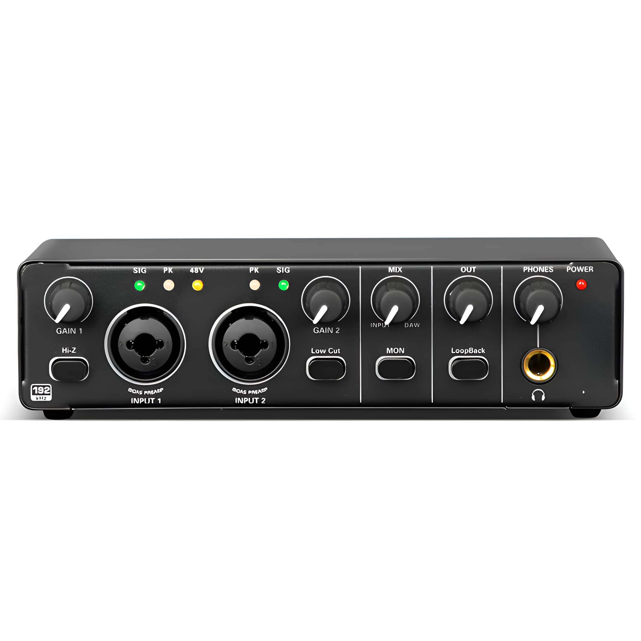 Schwarzes Audio-Interface mit Knöpfen und Eingängen, weißer Hintergrund.