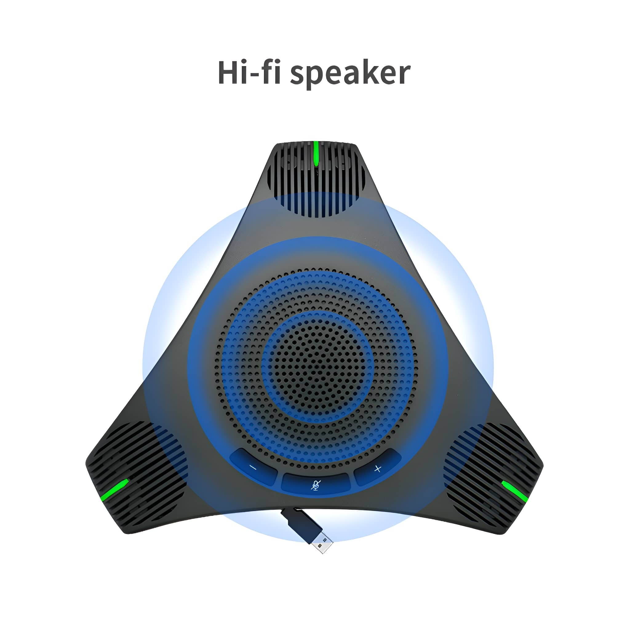 Dreieckiger Hi-Fi-Lautsprecher, schwarz mit blauen Akzenten, USB-Kabel. Text: Hi-Fi-Lautsprecher.