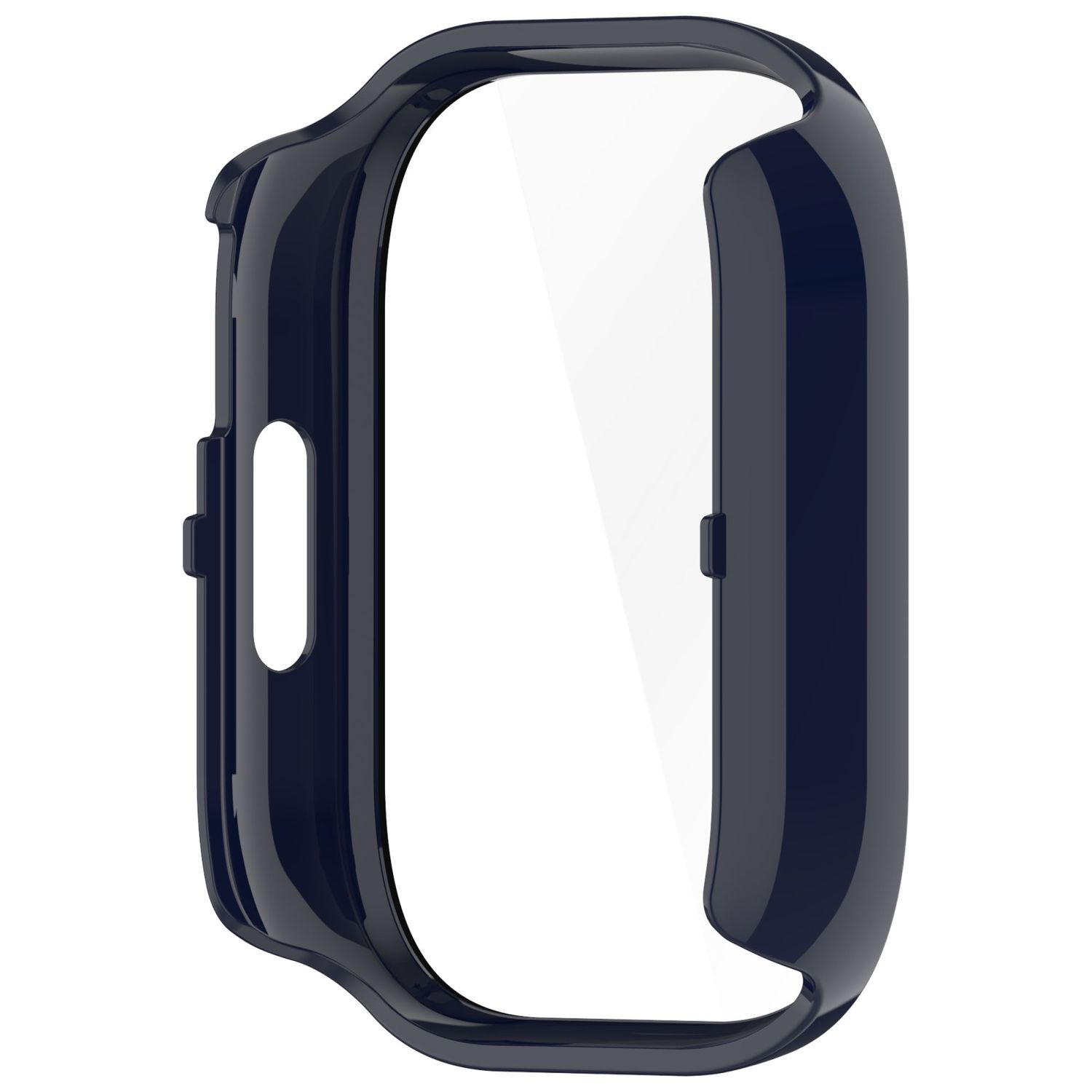 Custodia per orologio blu scuro. Protezione schermo trasparente. La custodia circonda lo schermo. Sfondo bianco.