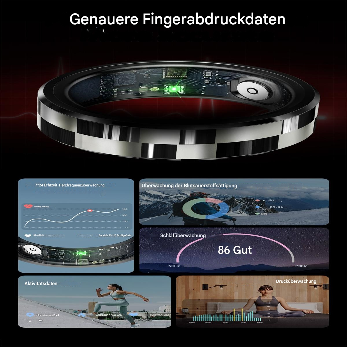 Smarter Ring mit Display, zeigt Gesundheitsmetriken, einschließlich Schlaf und Aktivität.