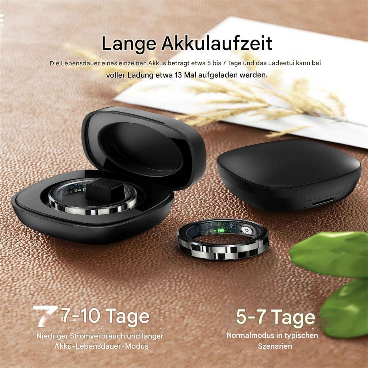 Schwarzes ringförmiges Gerät mit Ladestation und geschlossener Box. Text über Akkulaufzeit.