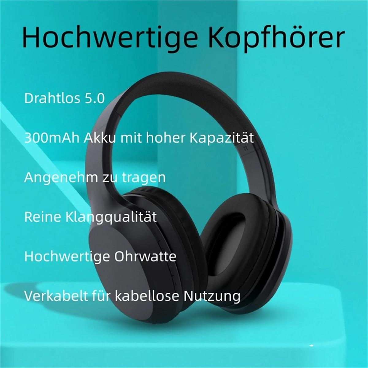 Schwarze kabellose Kopfhörer mit Textbeschreibung.