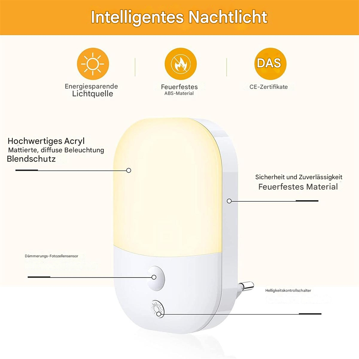 Weißes Nachtlicht mit Schalter, Glühbirne und Text.