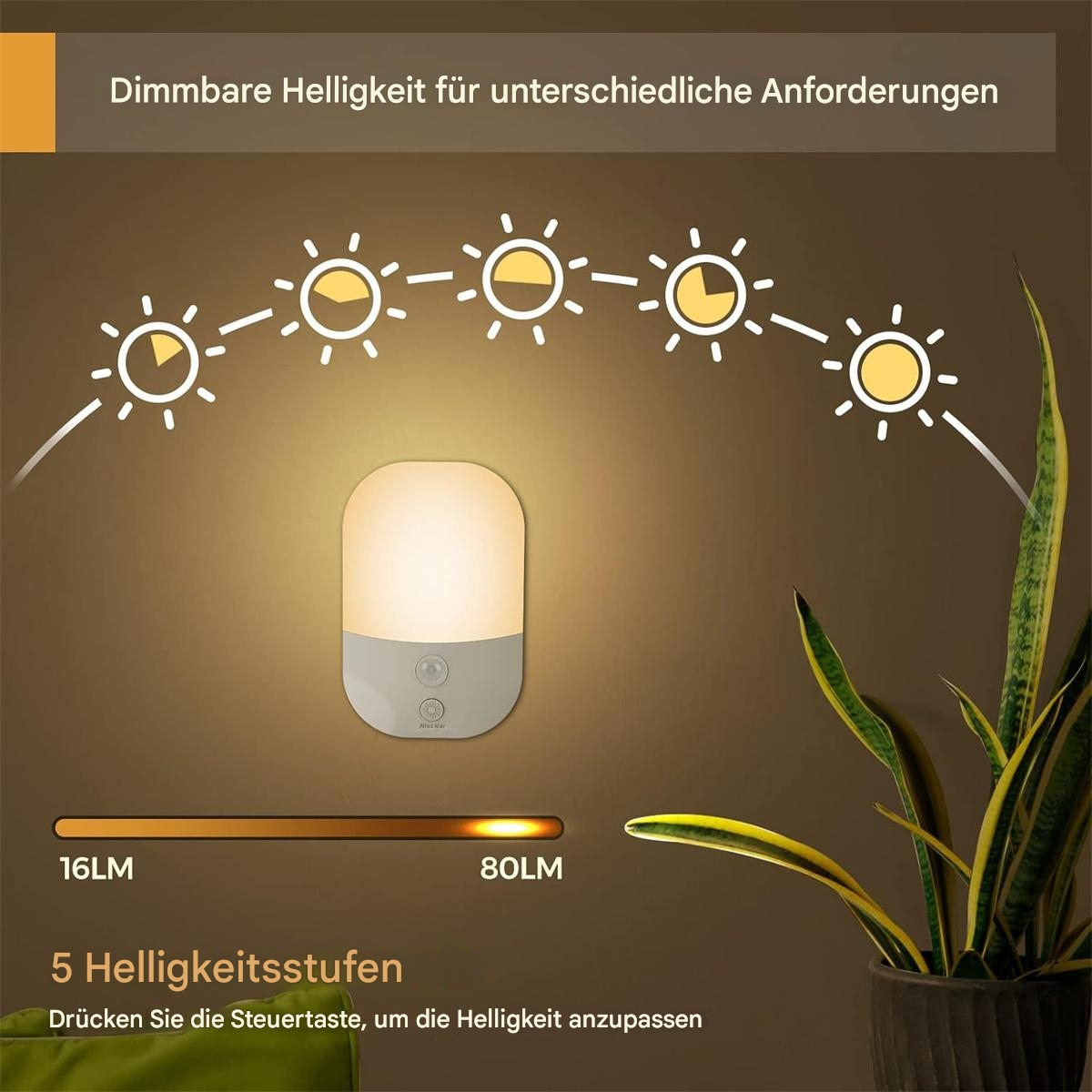 Ein dimmbares Nachtlicht, das verschiedene Helligkeitsstufen und eine Pflanze im Hintergrund zeigt.