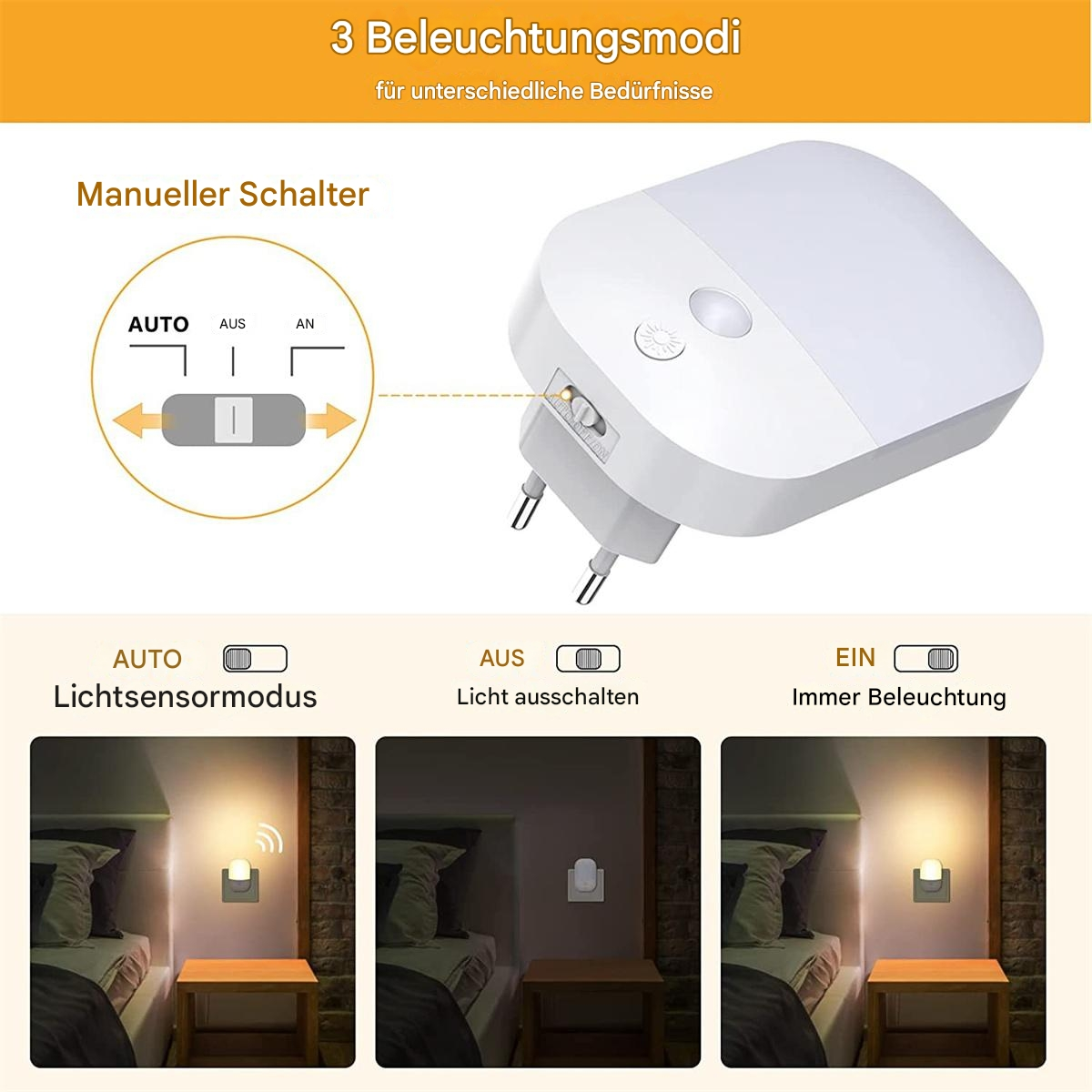Ein Nachtlicht mit Schalter, der drei Modi zeigt: Automatik, Aus und Immer ein.