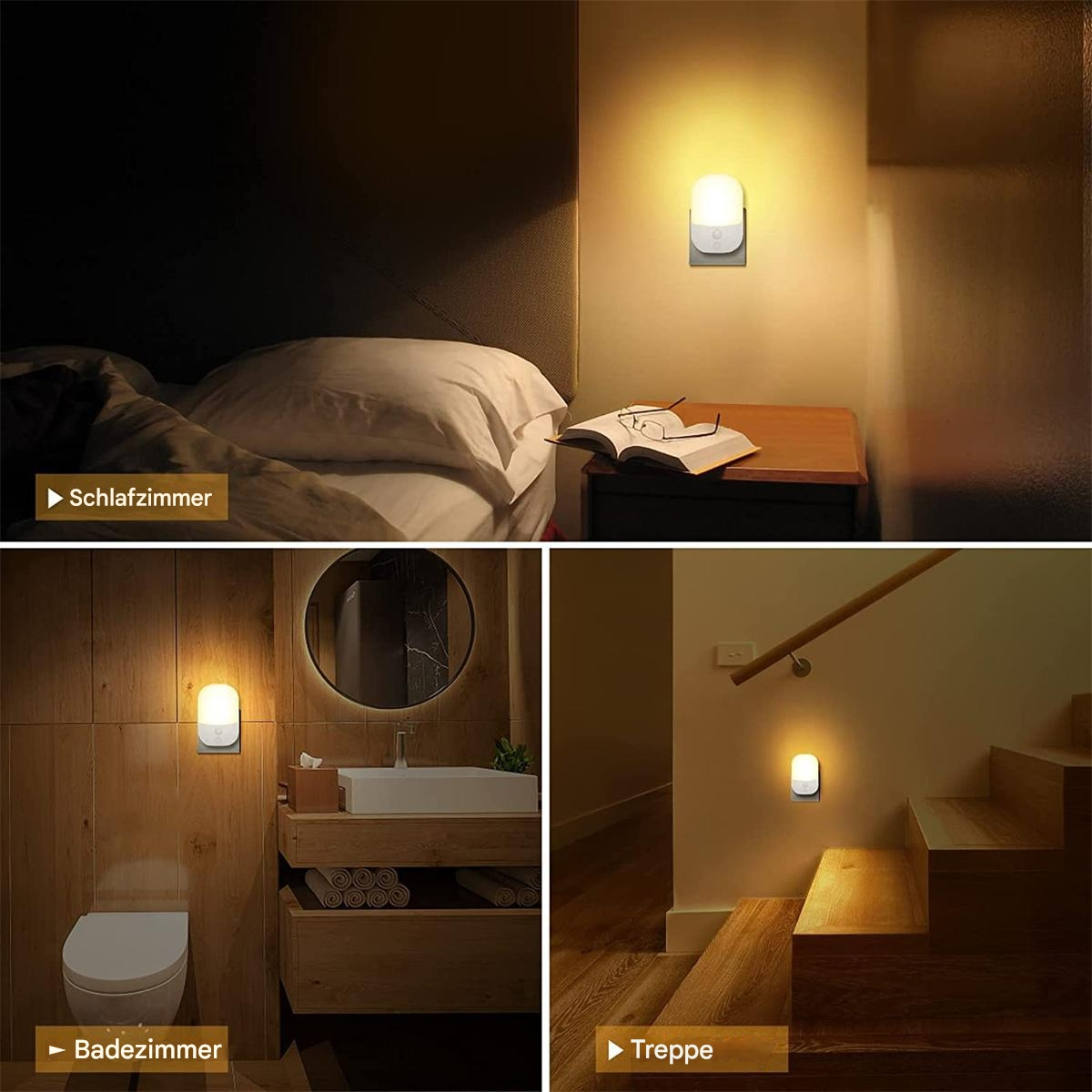 Drei Szenen mit Nachtlichtern. Eine in einem Schlafzimmer, Badezimmer und auf einer Treppe.
