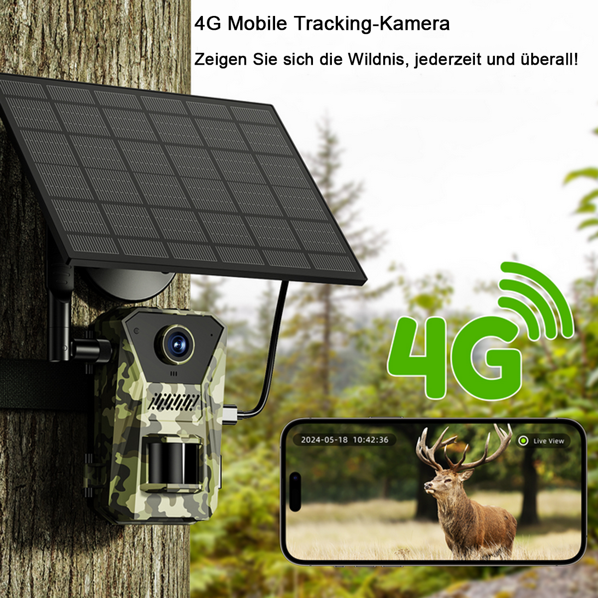 Eine Wildtierkamera mit Solarpanel ist an einem Baum montiert. Ein Telefon zeigt ein Reh.