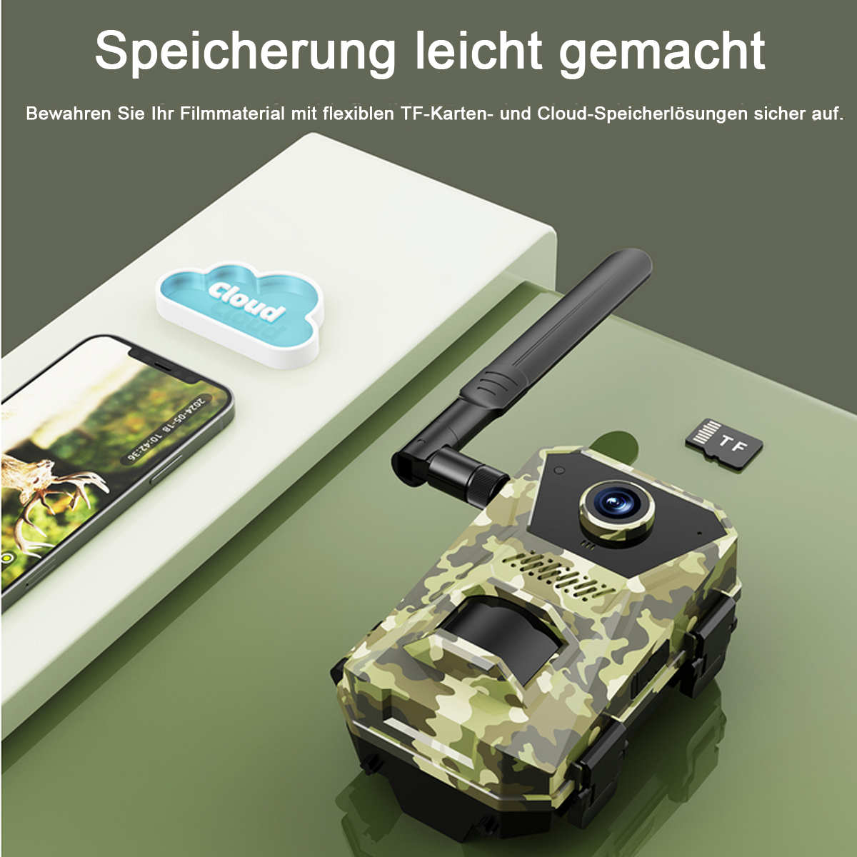 Eine Camouflage-Kamera und ein Telefon mit Cloud-Logo und eine TF-Karte daneben.