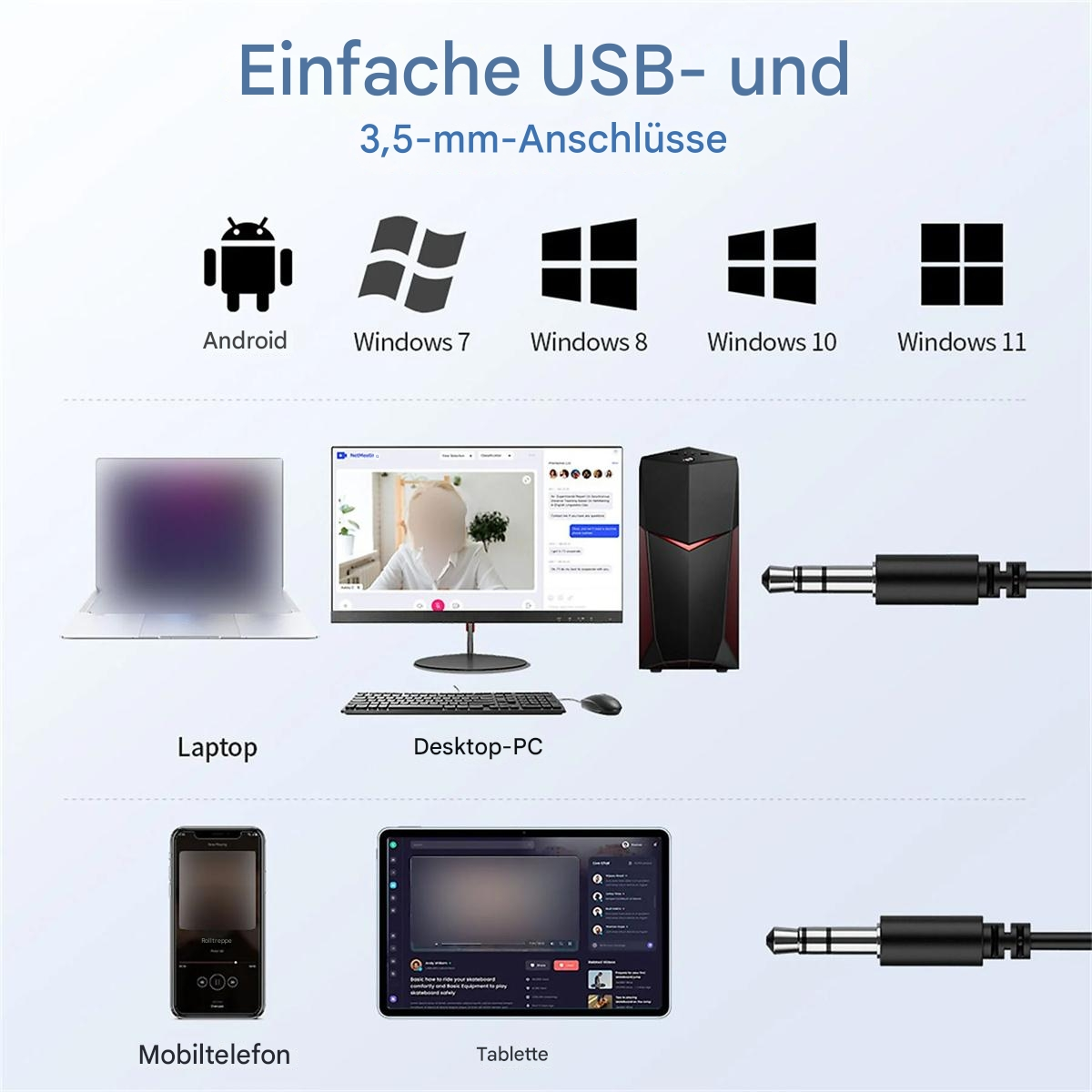 Verschiedene Geräte, einschließlich Laptop, Desktop und Tablet, mit USB- und 3,5-mm-Anschlüssen.