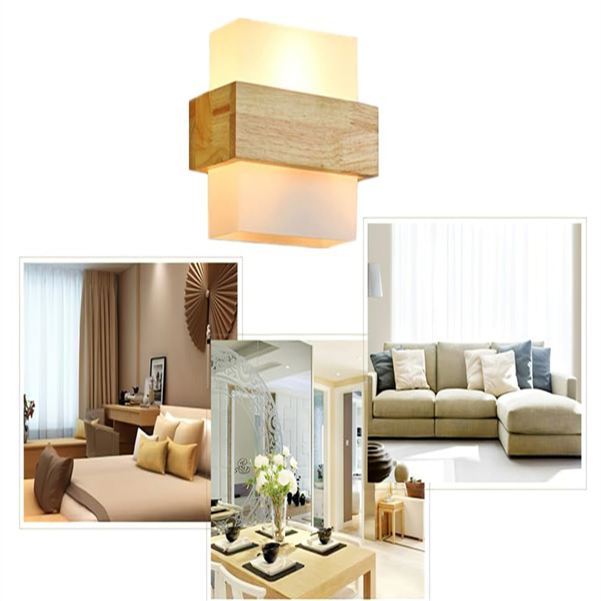 Wandlampe aus Holz und Glas, mit Beispielen für Innenszenen.