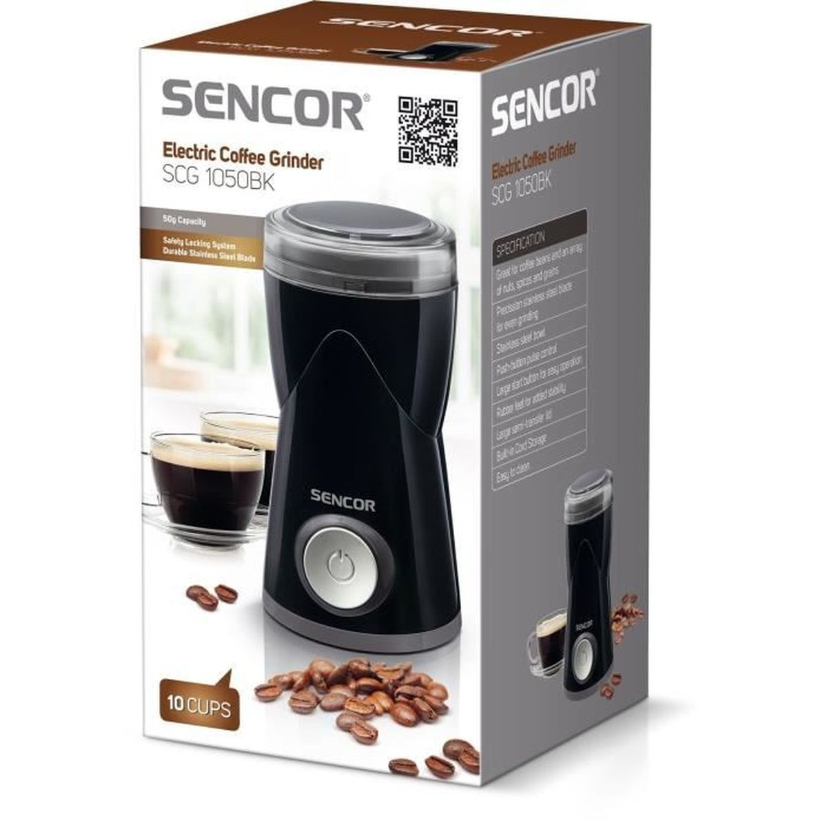 Un macinacaffè nero nella sua scatola. La scatola mostra il macinacaffè, i chicchi di caffè e le specifiche.