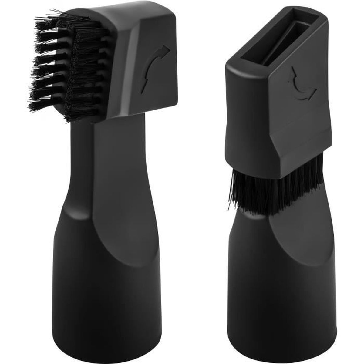 Due accessori neri per un aspirapolvere con spazzole.