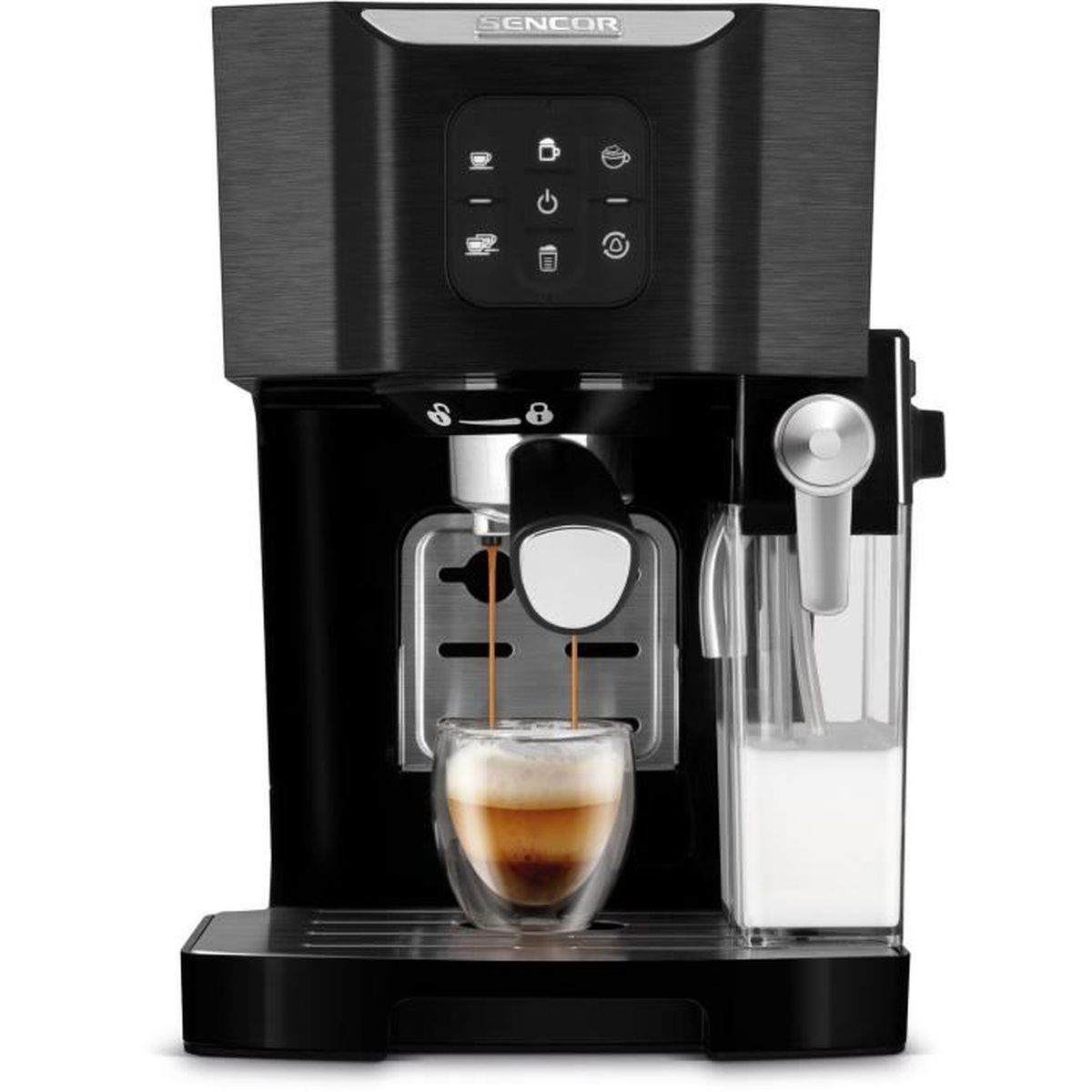 Schwarze Espressomaschine. Glasbecher füllt sich mit Kaffee. Milchbehälter rechts.