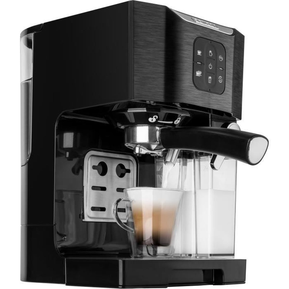 Schwarze Espressomaschine mit Tasse und Milchbehälter, auf schwarzer Oberfläche.