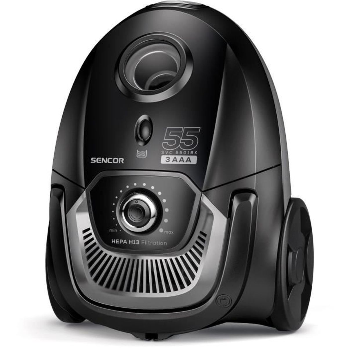 Schwarzer Staubsauger mit Digitalanzeige und Drehknopf. Er hat eine silberne Blende und einen Griff.