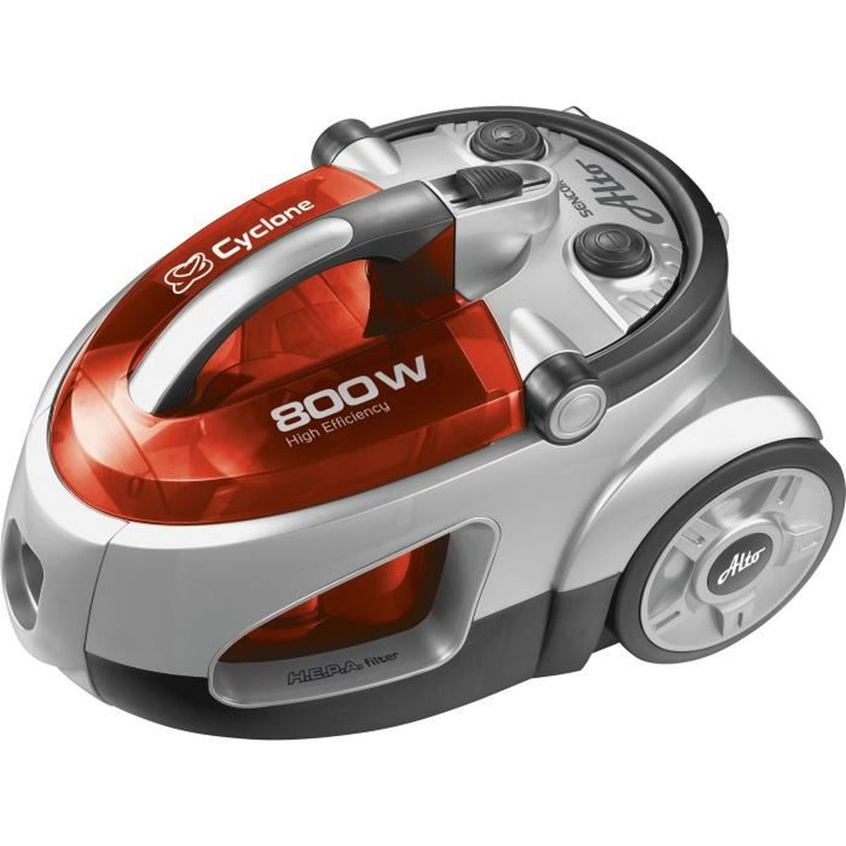 Un aspirapolvere rosso e argento. Presenta un manico e il testo "Cyclone" e "800W".
