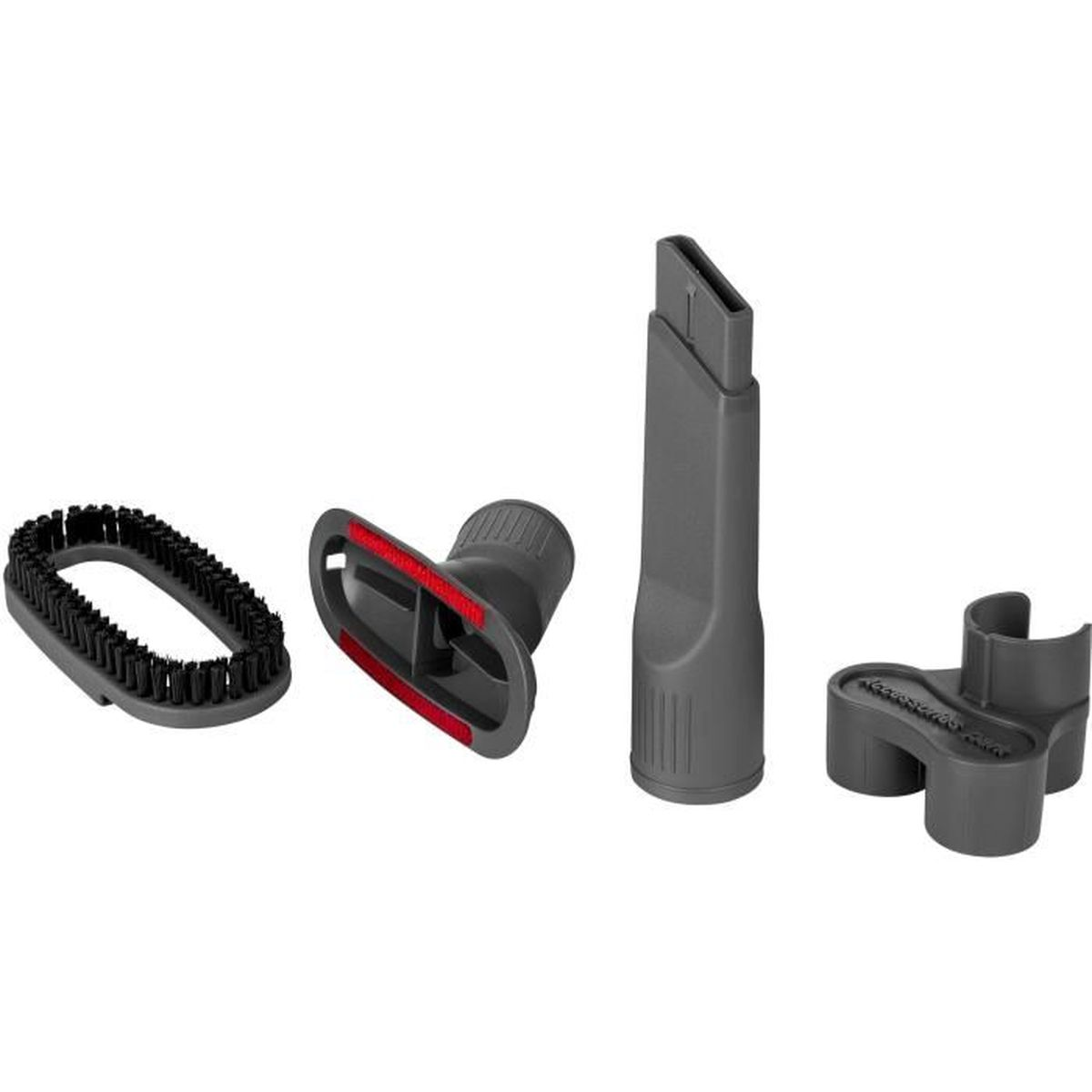 Accessori per aspirapolvere: spazzola, spazzola piccola, bocchetta a lancia e supporto. Accessori grigi.