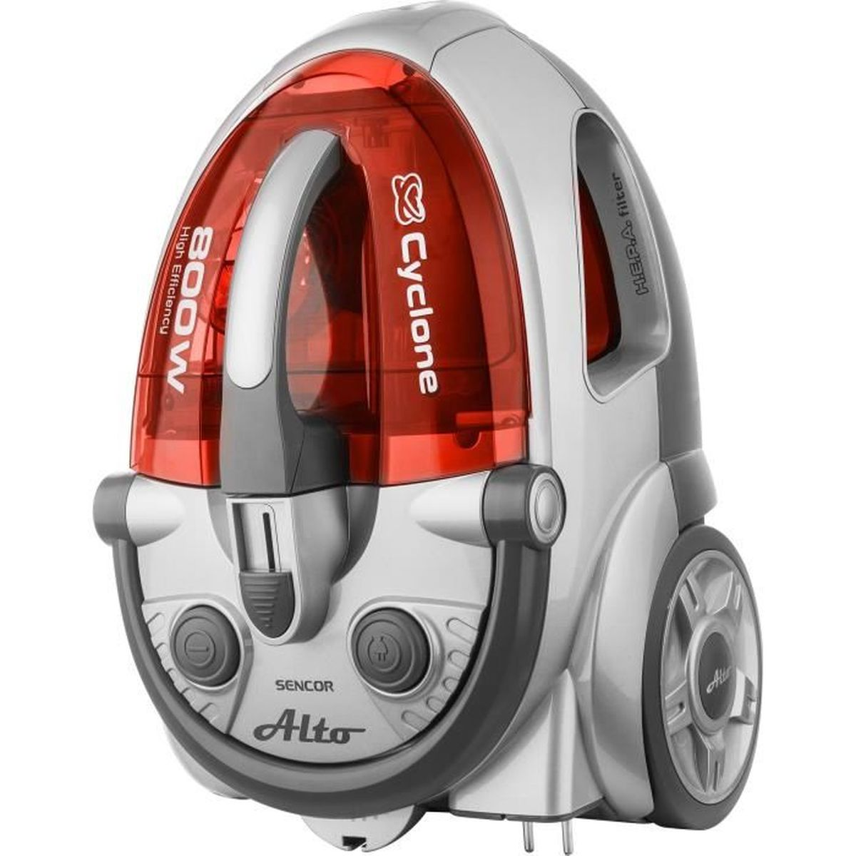 Aspirapolvere Sencor argento e rosso con maniglia e ruote. Il modello è Alto. Caratteristiche 800W.