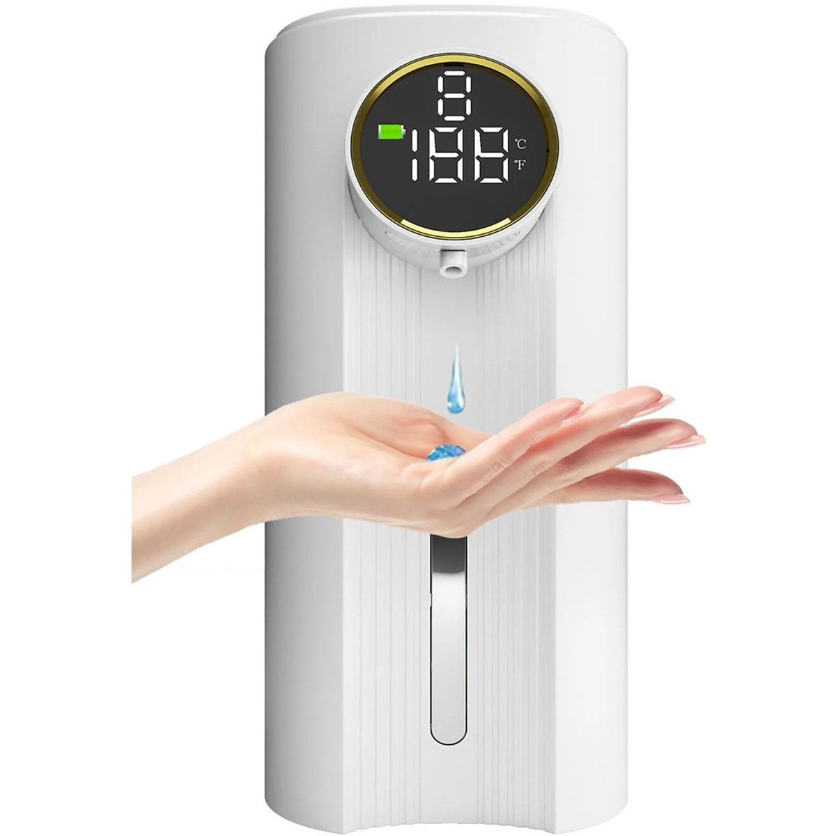 Weißer Spender, Hand darunter, wasserähnlicher Tropfen fällt. Digitalanzeige zeigt Temp.