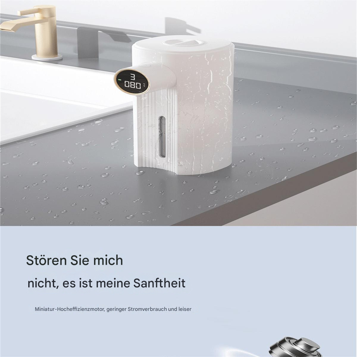 Ein weißer, automatischer Seifenspender mit Digitalanzeige und Wassertropfendesign.