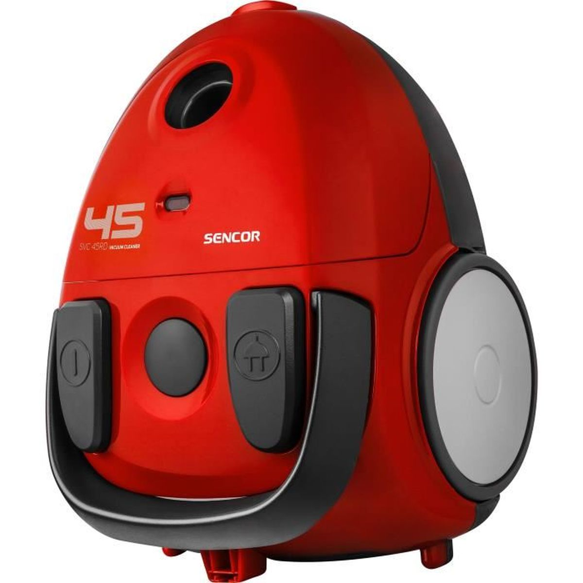 Aspirapolvere rosso con dettagli e pulsanti neri, ruota bianca. Marca SENCOR, modello SVC 45RD.